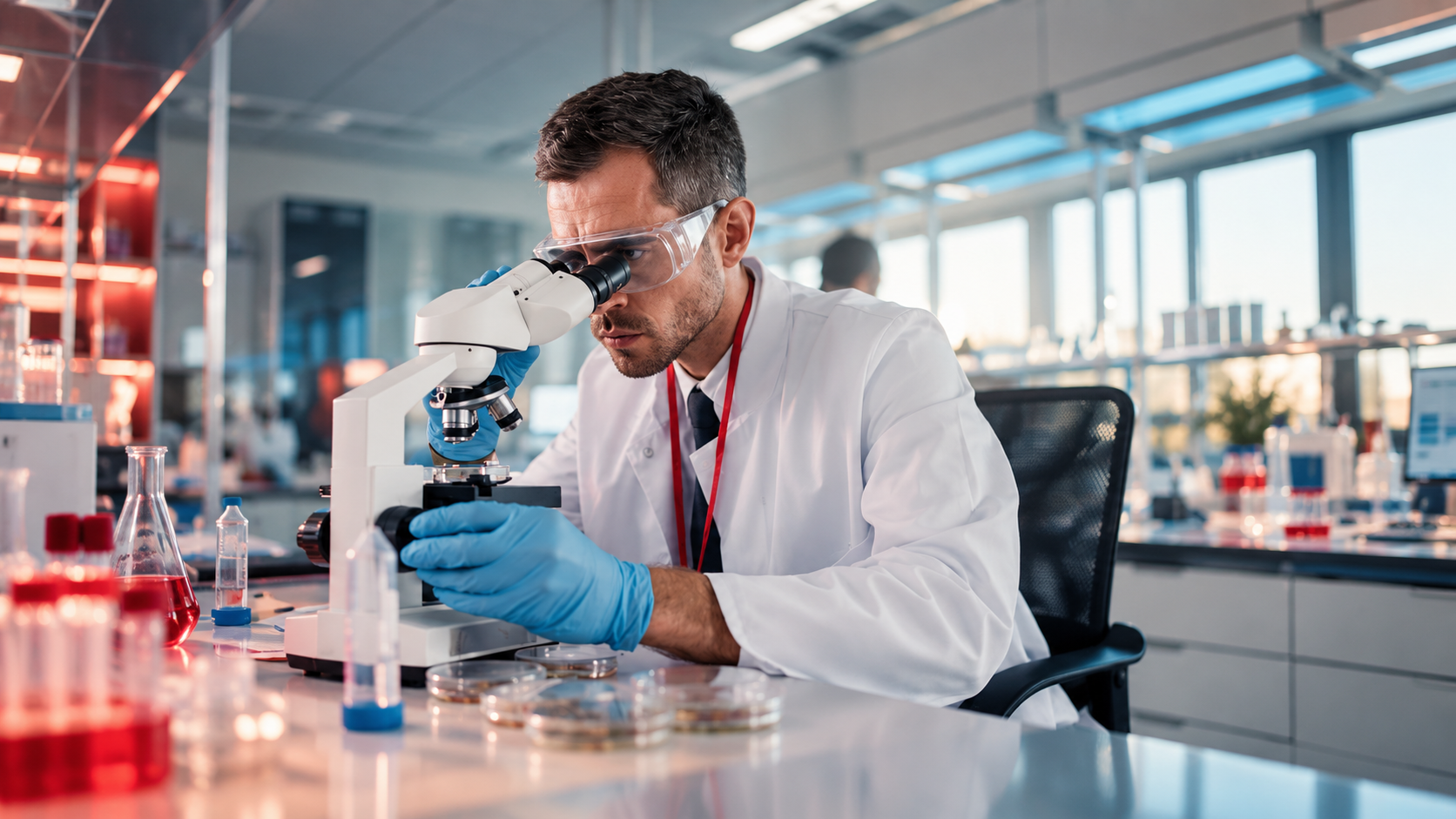 Analista de laboratório de jaleco e luvas observando amostra ao microscópio